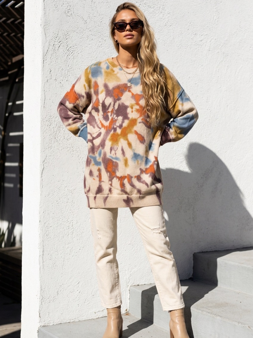 Natural Life Taylor Boho Tie-Dye Oversized Crewneck Knit Sweater Women's L/XL
